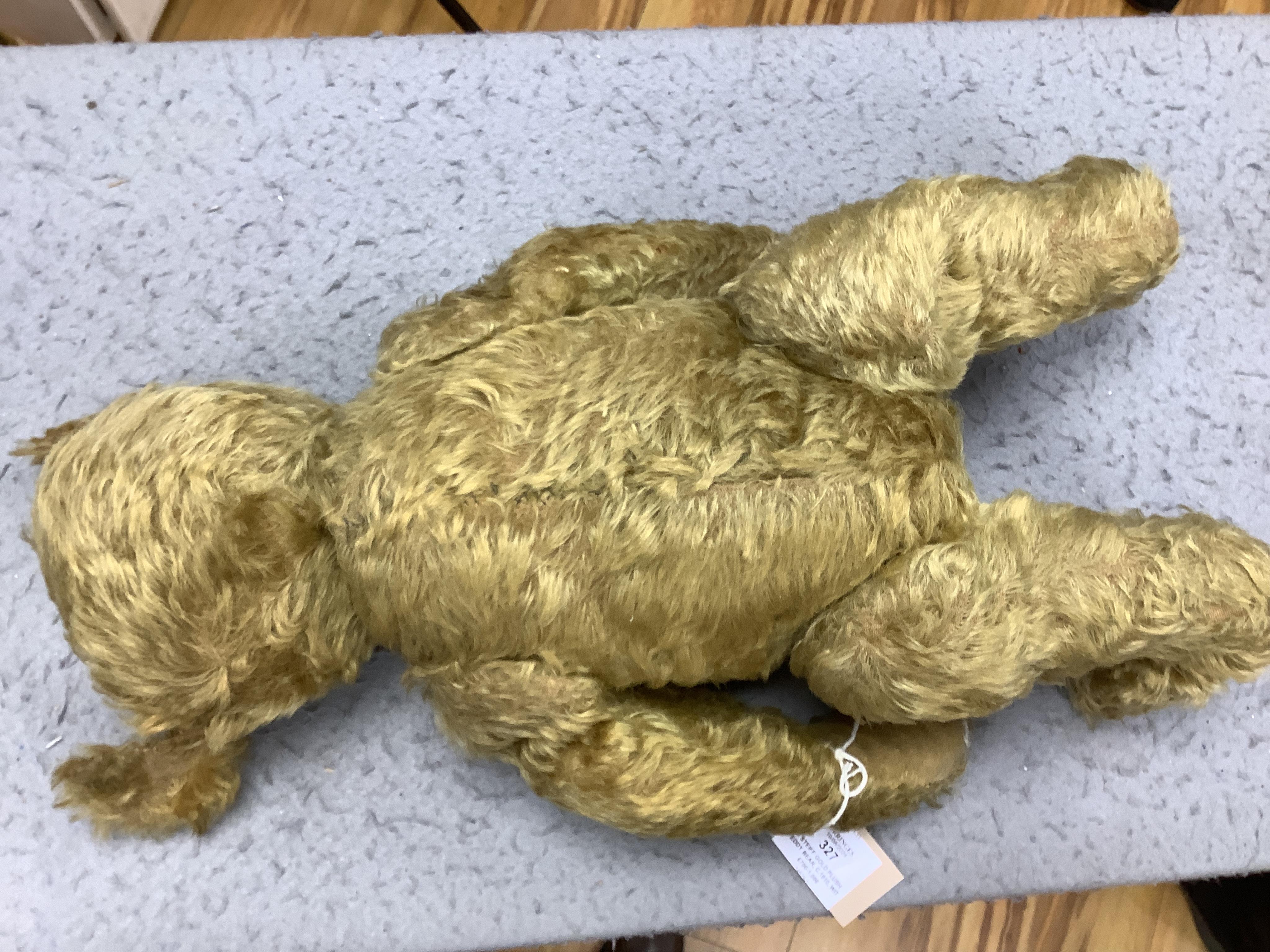 A Steiff gold plush teddy bear, c.1910, with boot-button eyes and hump-back, with button in left ear, circa 1910, 48cm. Condition - poor to fair